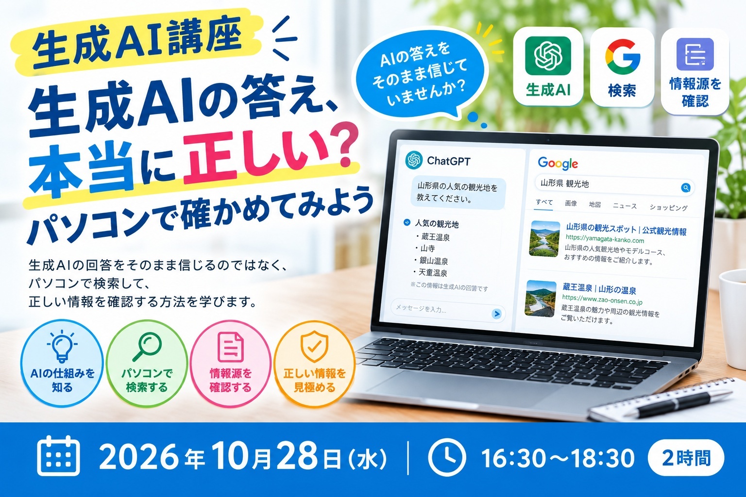 【参加無料】生成AI講座｜生成AIの答え、本当に正しい？パソコンで確かめてみよう
